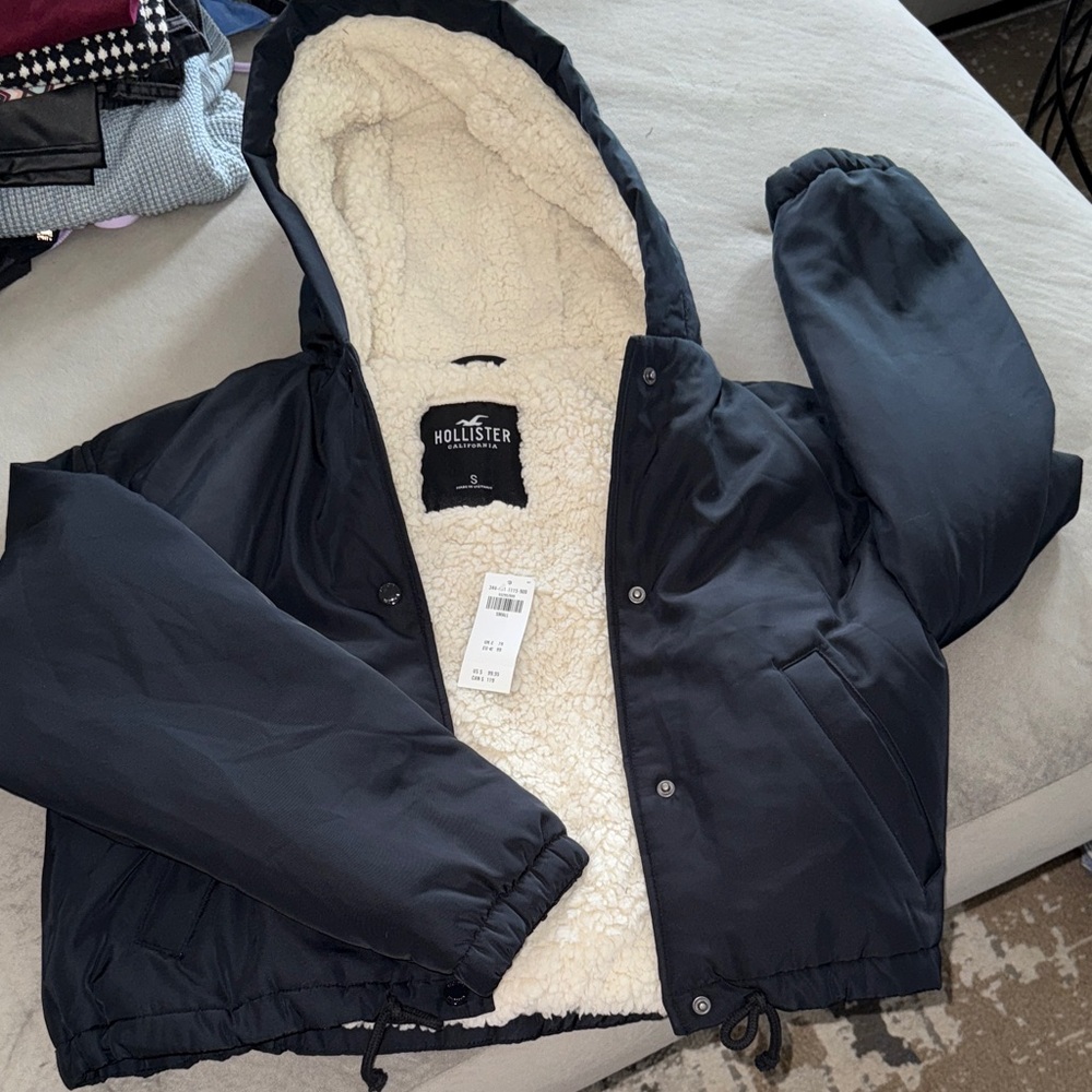 Hollister Navy Hooded Jacket with Cream Lining